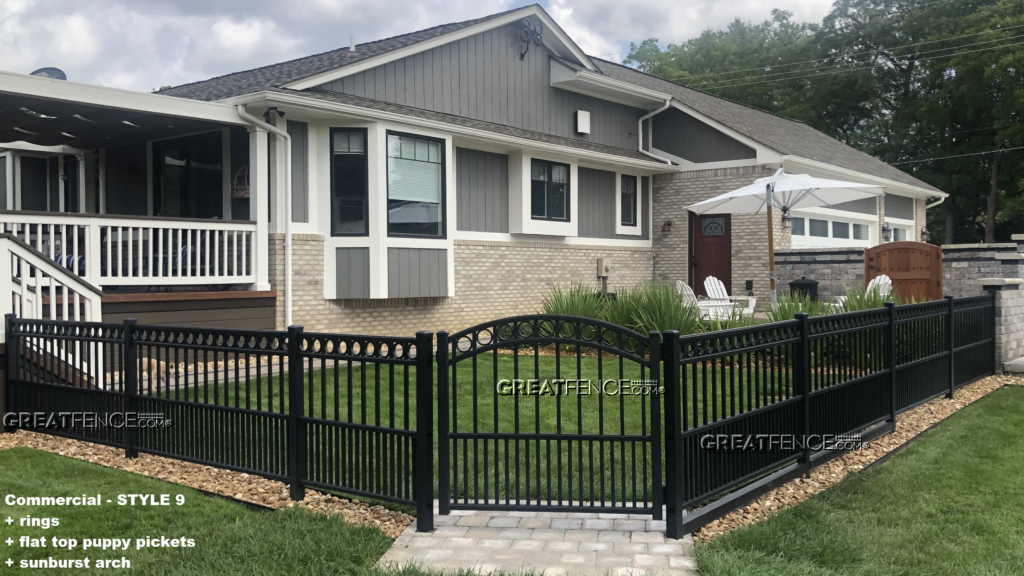 Commercial Aluminum Fence and Gate - STYLE 9 with rings and flat top puppy pickets