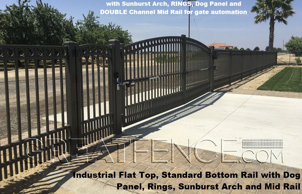 Industrial Driveway Gate - STYLE 4 + sunburst arch, rings and flat top puppy pickets