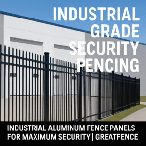 lack industrial aluminum fence panels securing a commercial warehouse.