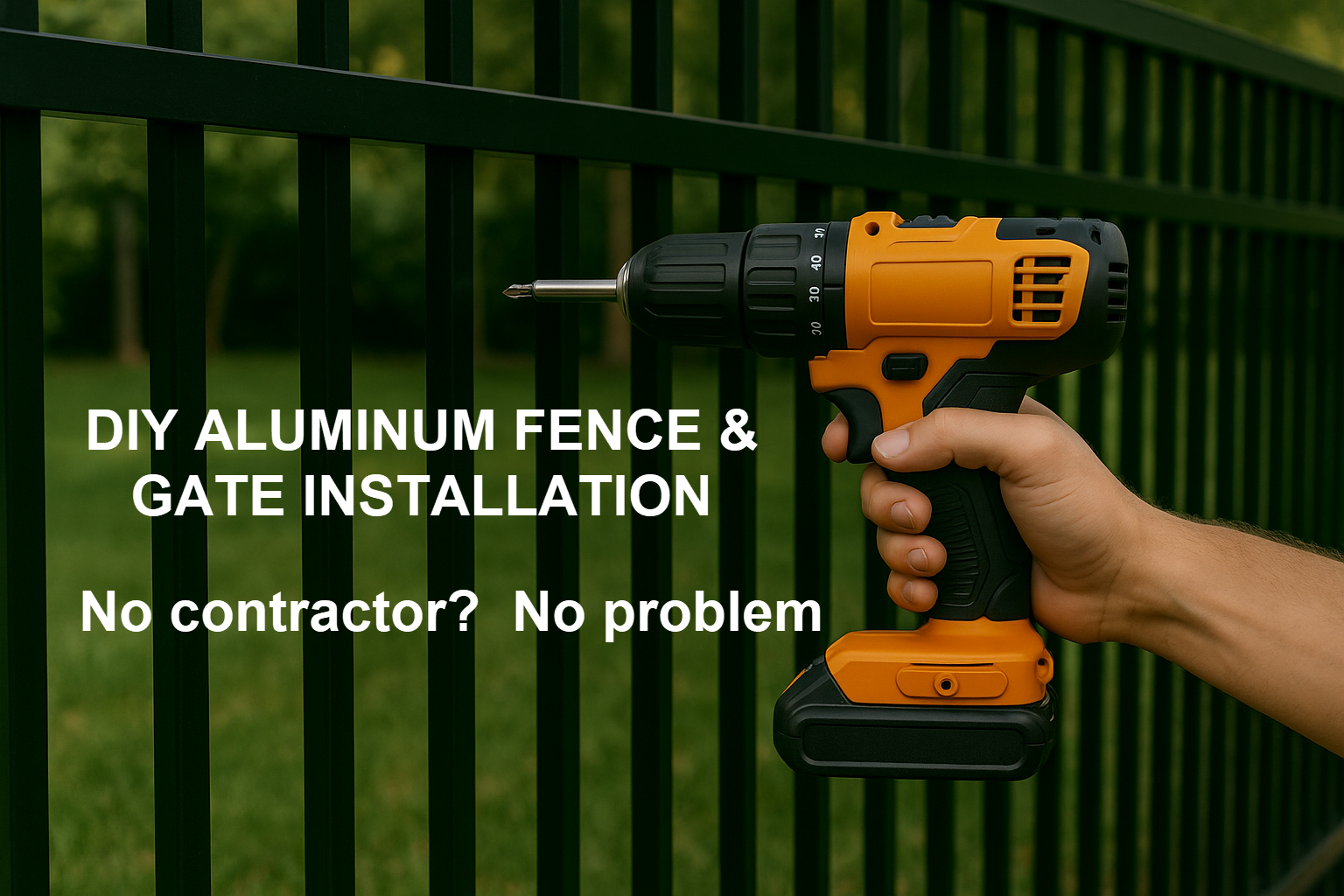 Person using a power drill to install a black aluminum fence panel, with bold text promoting GreatFence.com’s DIY installation message.