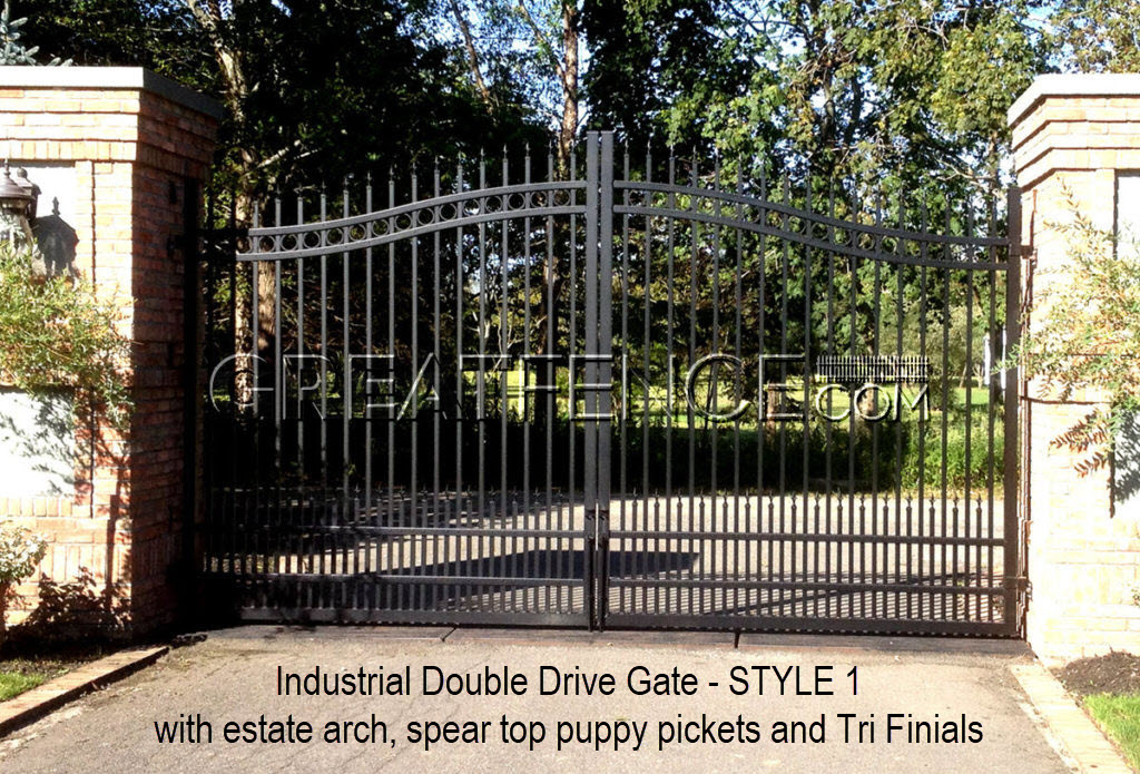 Bronze-Industrial-driveway-gate-Style-1-estate-arch-puppy-pickets-and-tri-finials-greatfence-2025