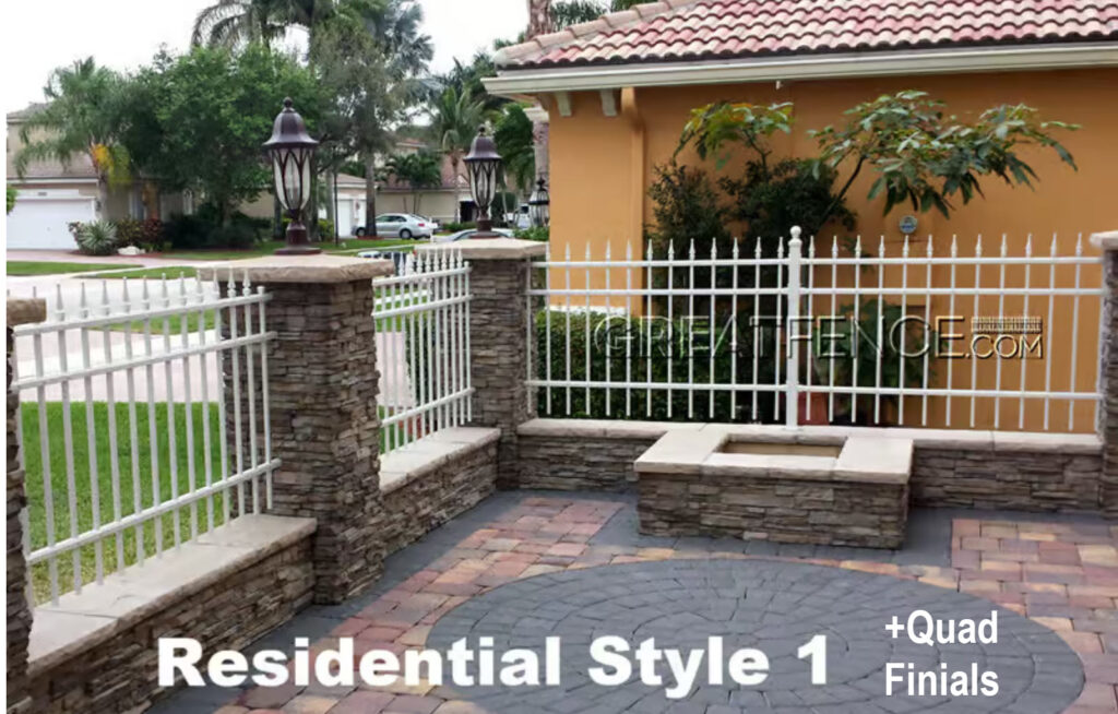 white aluminum fencing with quad finials between columns