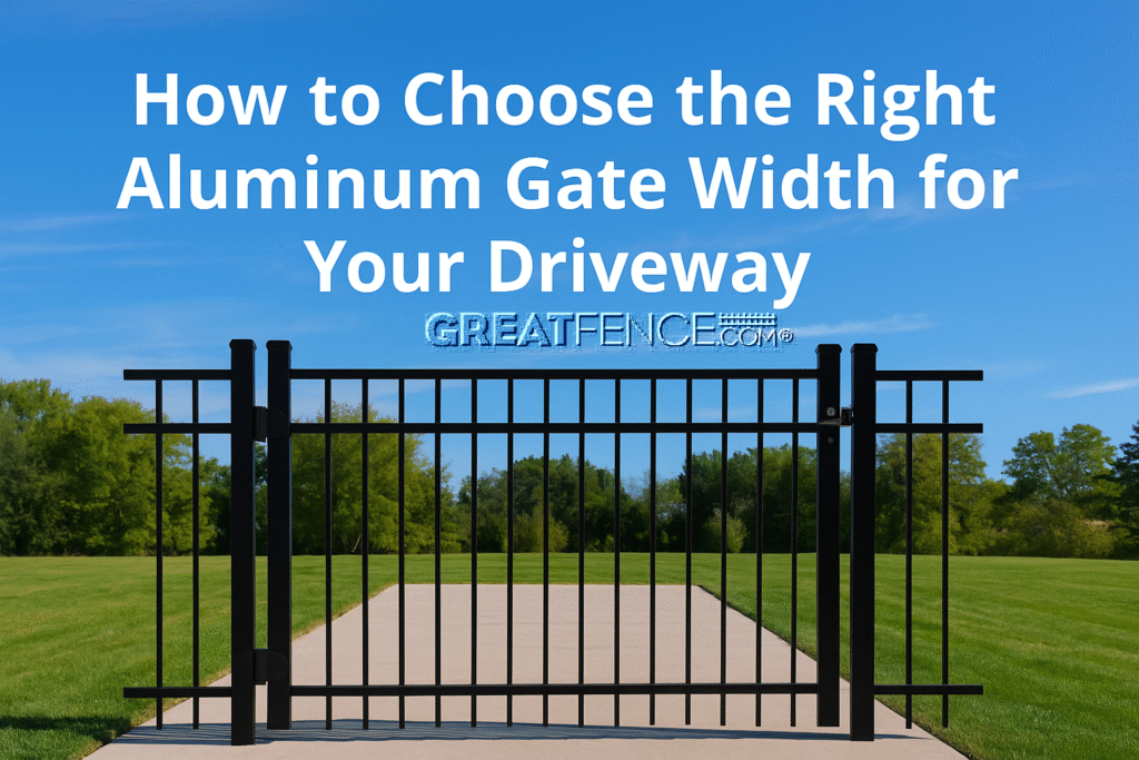 How to choose the right aluminum gate width for your driveway. Wide gate visual with blue sky and green lawn.