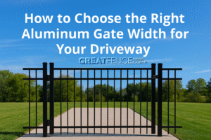 How to choose the right aluminum gate width for your driveway. Wide gate visual with blue sky and green lawn.