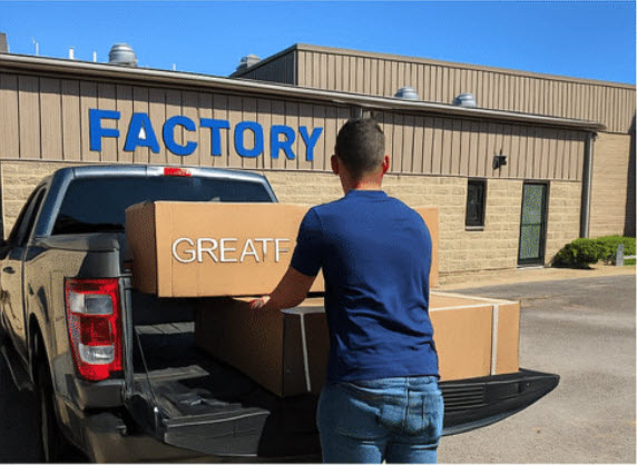 Customer picking up aluminum fence order at factory dock in Michigan