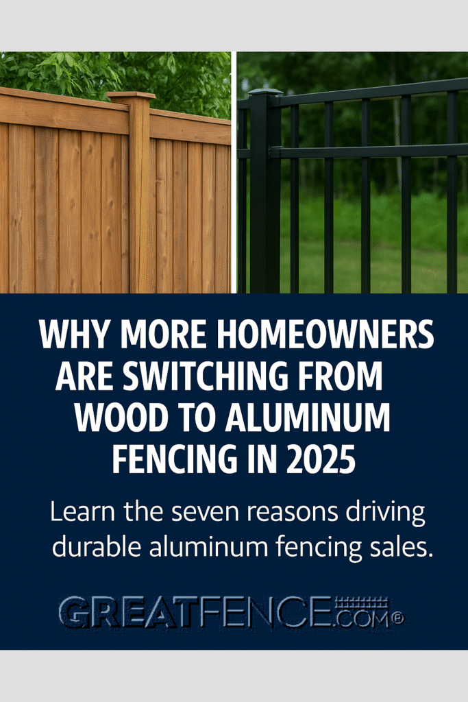Bold headline promoting the shift from wood to aluminum fencing in 2025