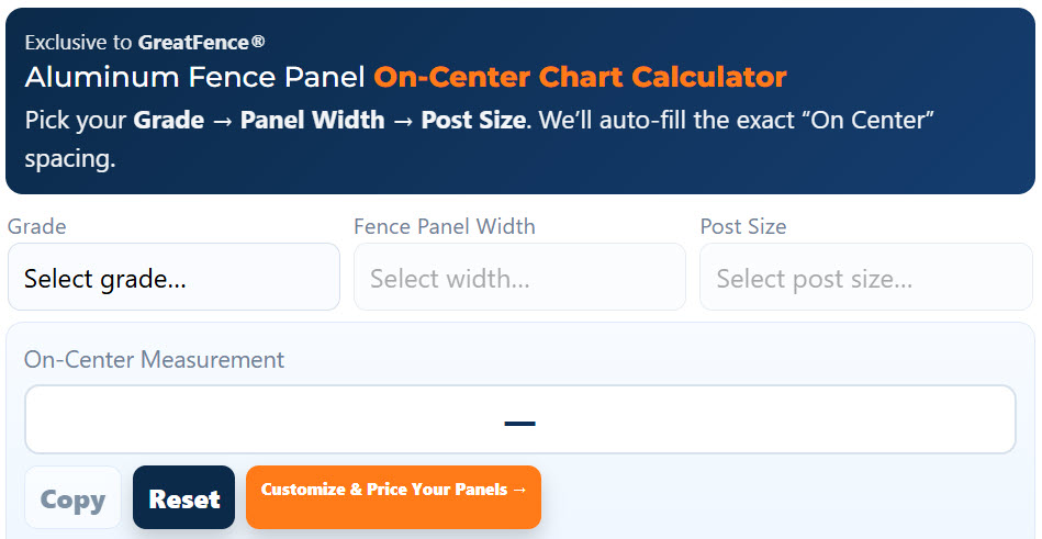GreatFence Aluminum Fence Panel On-Center Calculator