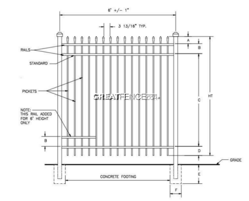 greatfence.com aluminum fence panel shop drawing illustrating post to post on center measurement