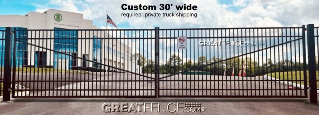 Extra wide 30 foot aluminum driveway gate custom fabricated by GreatFence.com with private flat-bed shipping required