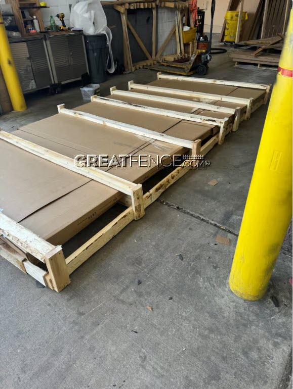 Custom wood crating for extra wide aluminum driveway gates – fabricated in Michigan by GreatFence.com for flat-bed freight shipping