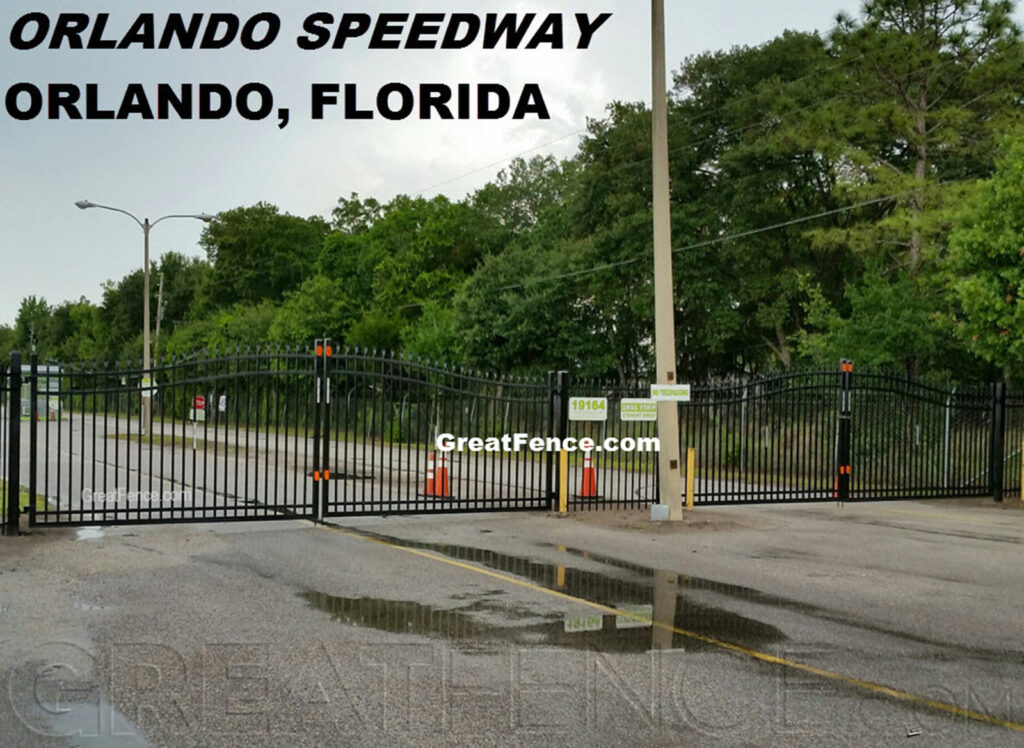 30 foot wide extra wide aluminum estate driveway gates installed at Orlando Speedway in Orlando, Florida by GreatFence.com