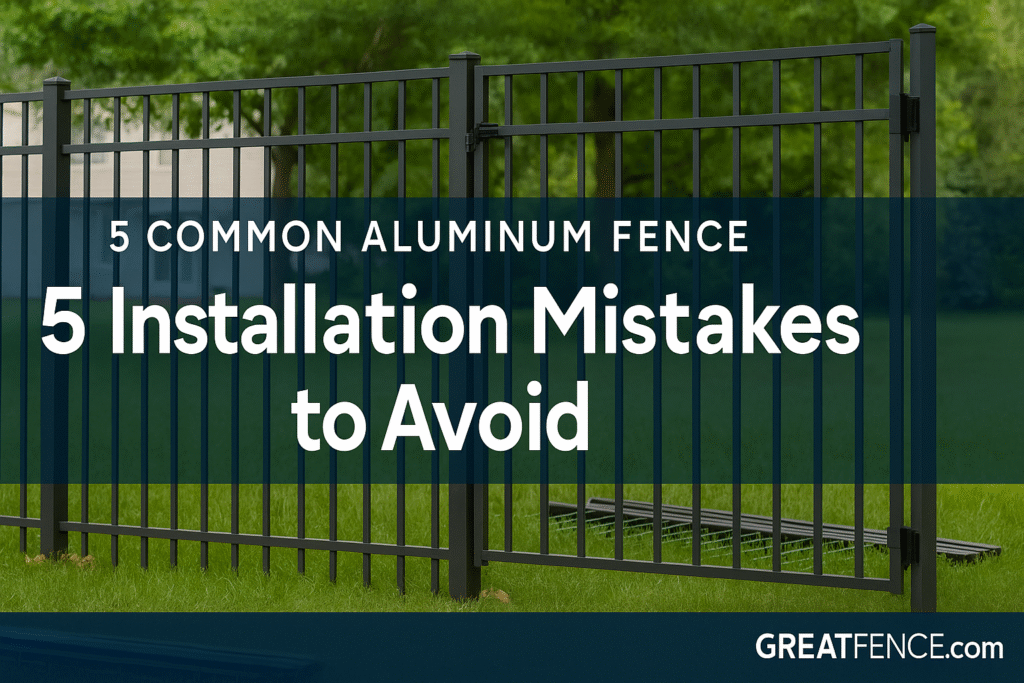 luminum fence installation mistakes to avoid – GreatFence.com branded blog image showing black aluminum fence panels and gate.