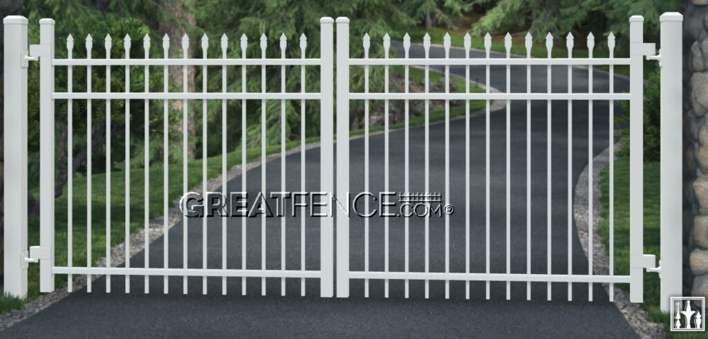 Example rendering of a greatfence.com Style 1 aluminum driveway gate without the U-Frame added.