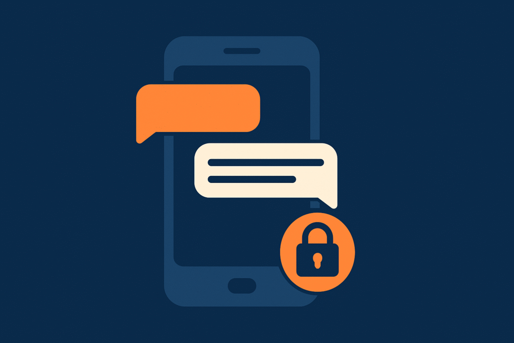 Illustration of smartphone with SMS chat bubbles and lock icon representing GreatFence.com SMS Terms and Conditions text messaging policy